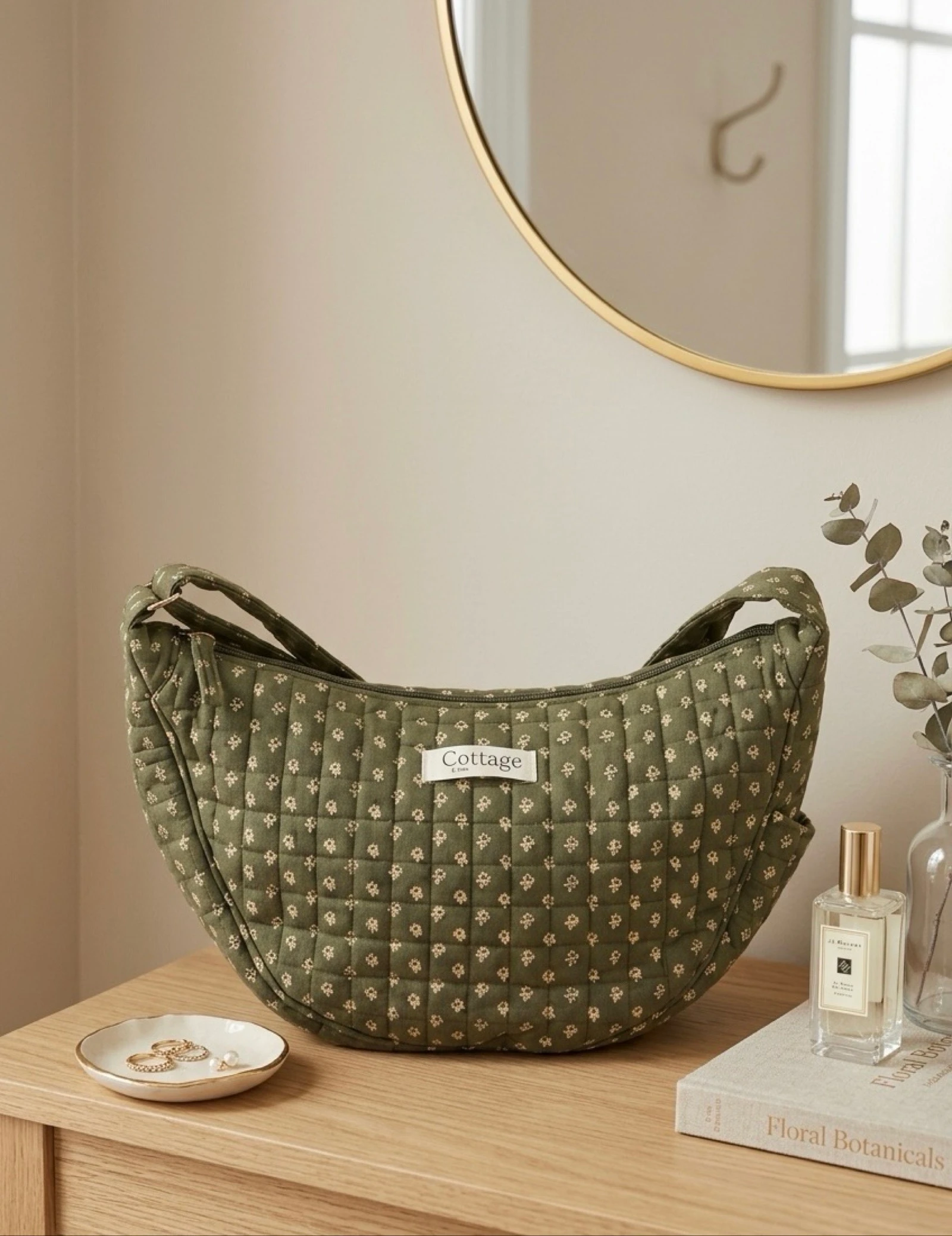 Sac Lune 100% Coton Matelassé Collection Cottage & Bag / Modèle Champs de Fleurs Vert